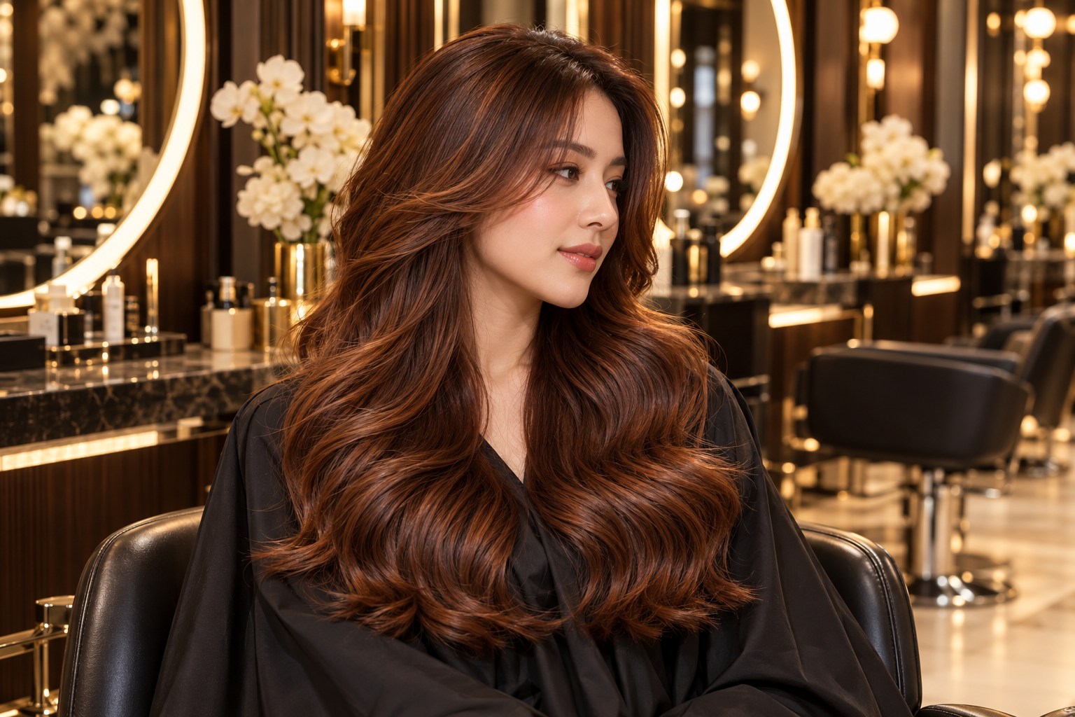 Mái tóc nâu đồng uốn sóng tại salon Pony Hair.