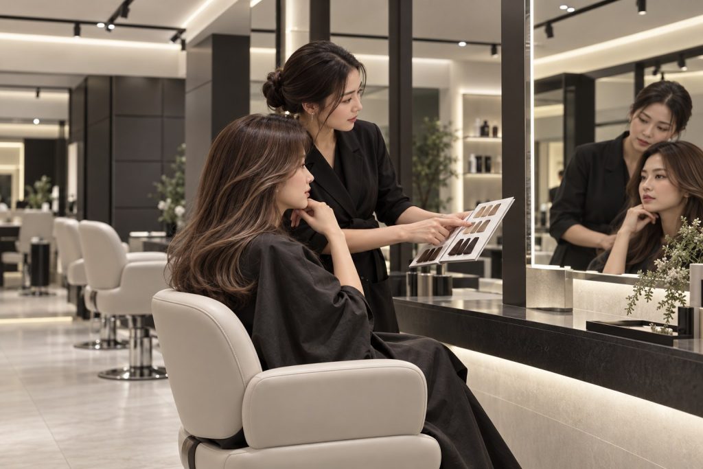 Stylist tư vấn màu tóc cho khách hàng tại showroom Pony Hair.