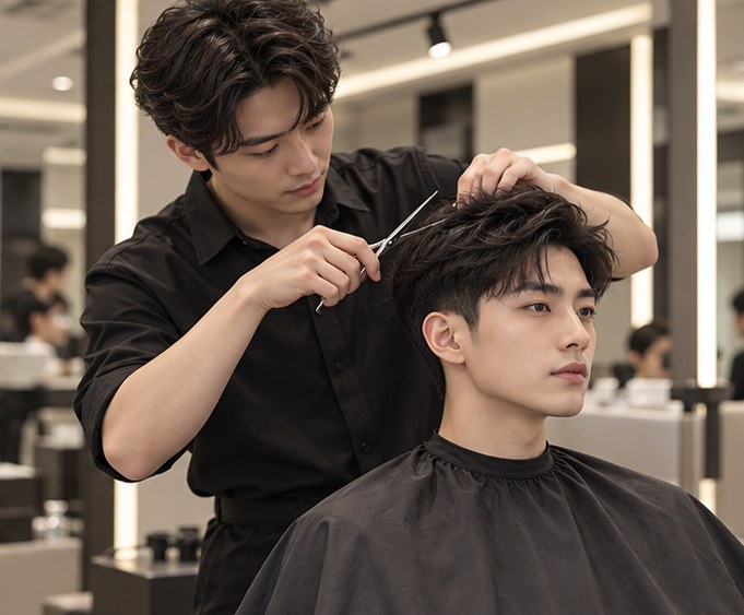 Stylist hoàn thiện kiểu tóc nam tại showroom Pony Hair. Ảnh minh họa.